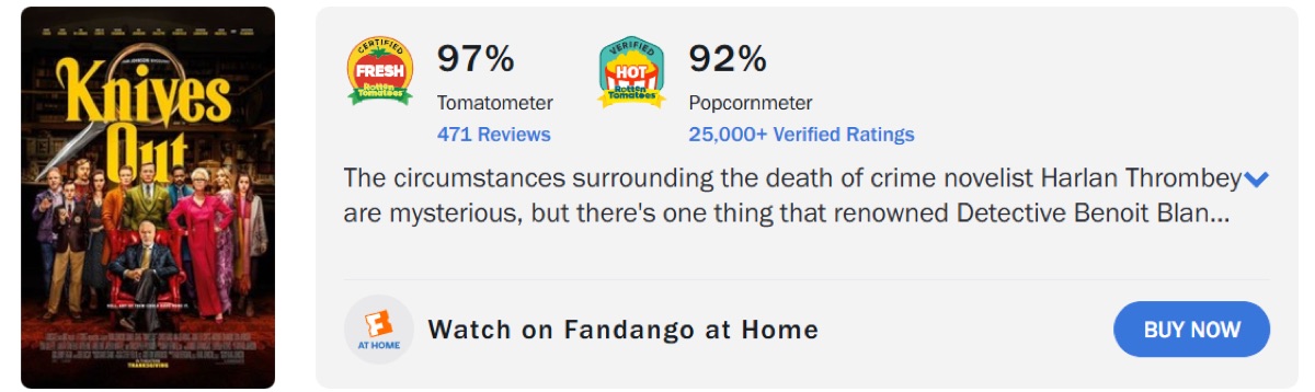 나이브스 아웃 뜻 의미 해석 관람평 리뷰 < 로튼 토마토 평론가 극찬 재개봉 영화 >