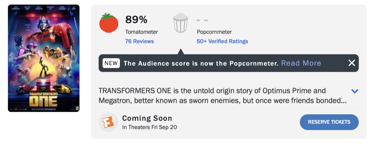 트랜스포머 원 로튼 토마토 평점