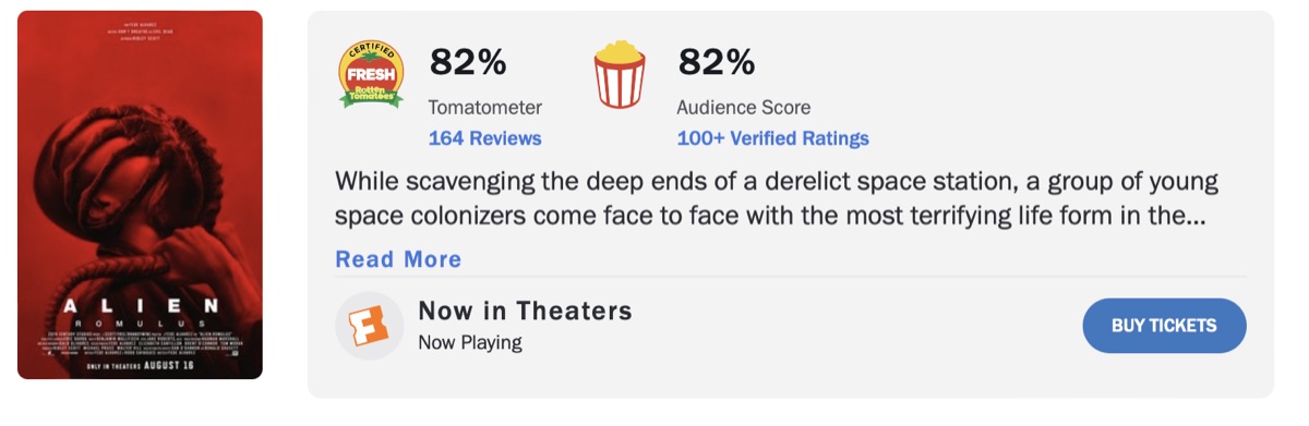 에일리언 로물루스 로튼 토마토 평점