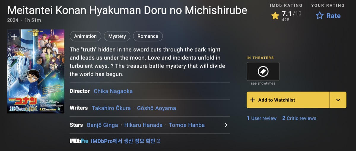 명탐정코난 100만 달러의 펜타그램 IMDB 평점